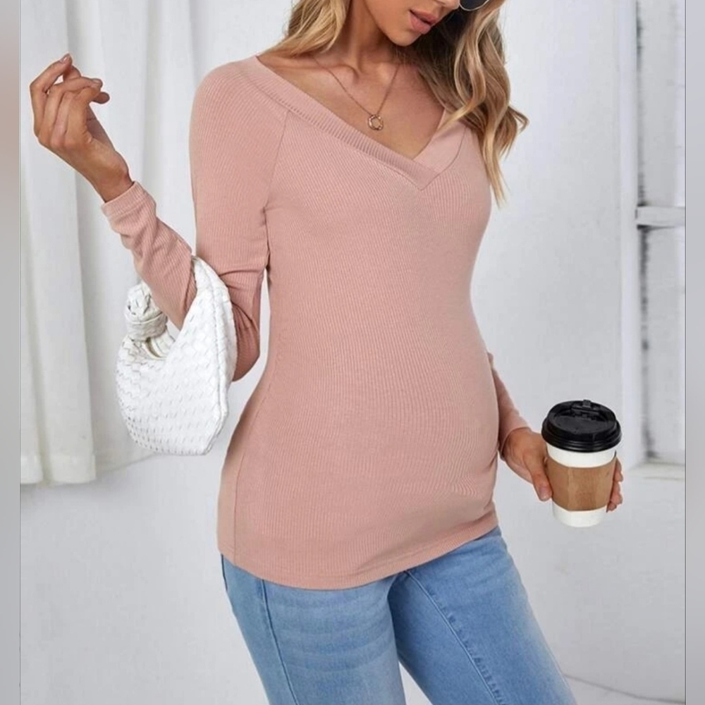 SHEIN Maternity Dusty Pink Ribbed Knit Raglan Sleeve Tee Medium New Without Tags